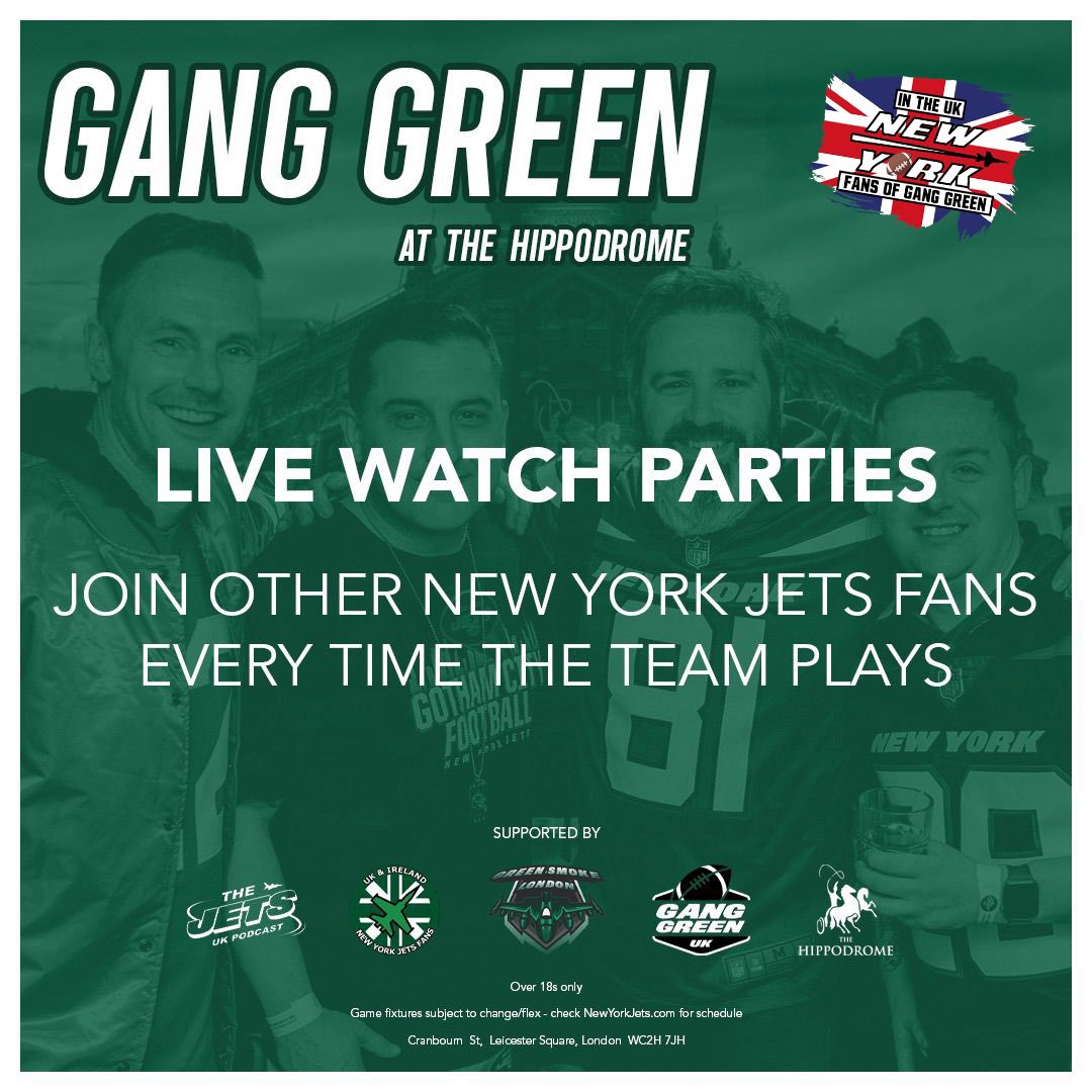 GRNSMK's tweet photo. Join @ReelMackay & @TheRealJonLove at the @HippodromeLDN every time the team plays, and check them out on their very own podcast
#TakeFlight #Jets #AllGasNoBrake #JetsNation #NYJets #JetUp #JTFU #UKJets #NewYorkJets #WeTheFans #AGNB #GangGreen #NYJetsFamily #OneTeamOurTeam https://t.co/D80aCOzNSj