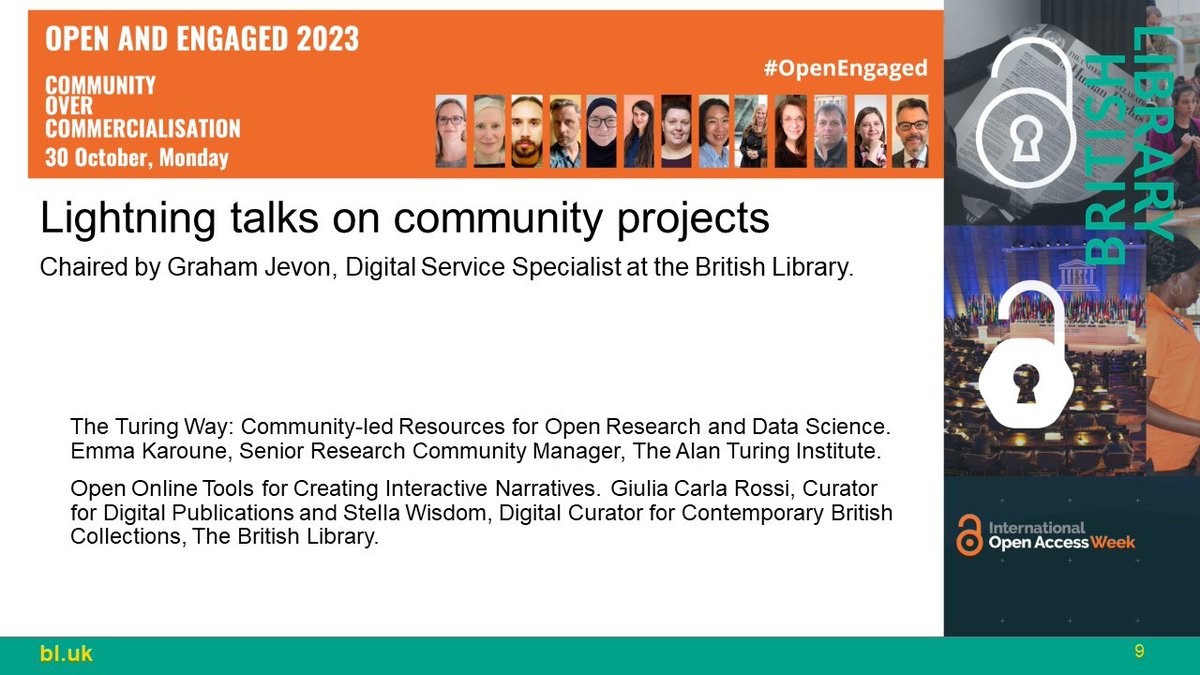 After a short break, we are back for two great lightning talks on community projects. The session is chaired by <a href="/GJHistory/">Graham Jevon</a> from the <a href="/britishlibrary/">British Library</a>. The speakers are <a href="/ekaroune/">Dr Emma Karoune</a> from <a href="/turinginst/">The Alan Turing Institute</a>, @giuliacrossi and <a href="/miss_wisdom/">Stella Wisdom</a> from <a href="/britishlibrary/">British Library</a>. #OpenEngaged #OAWeek