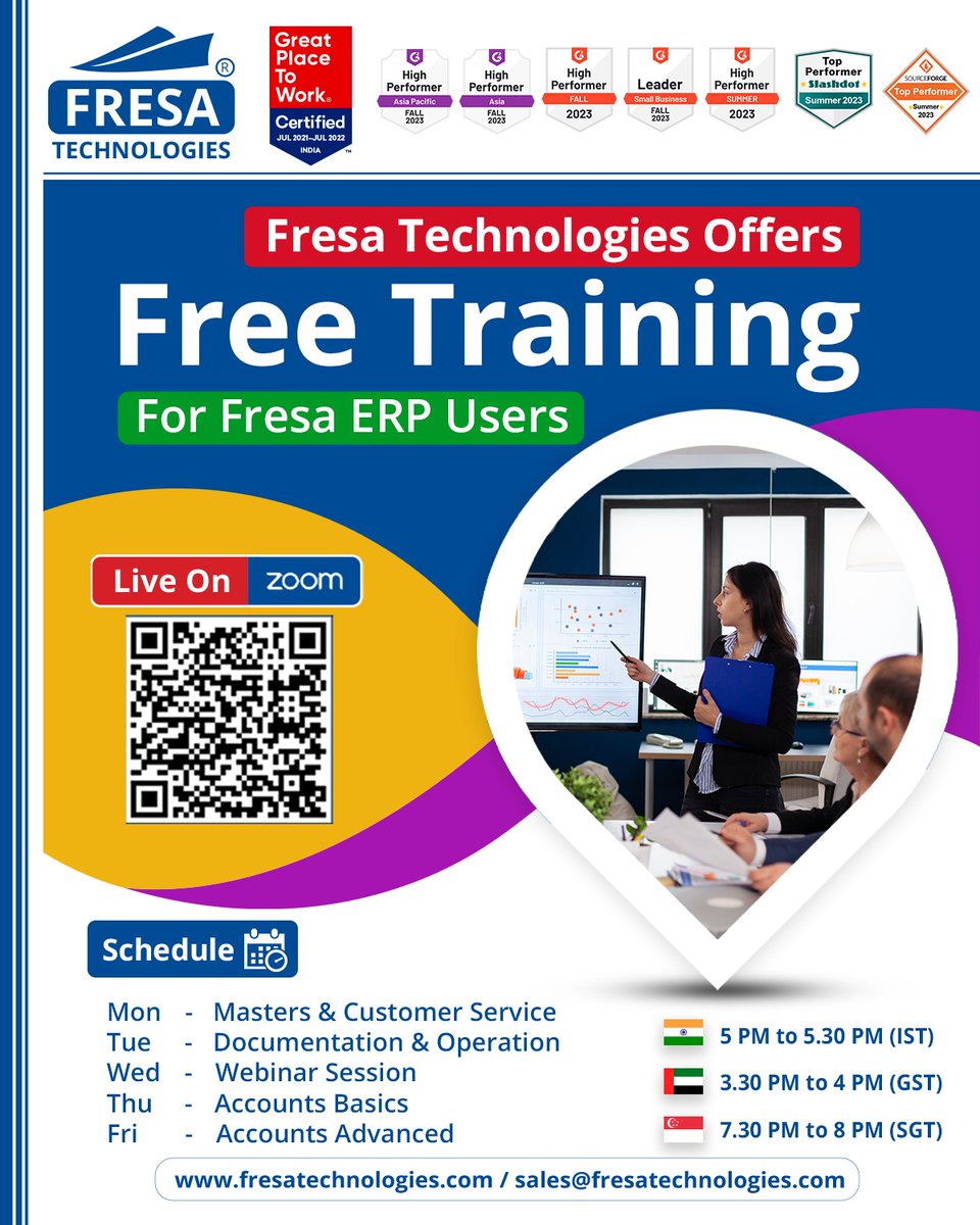 Fresa Technologies Offers Free Training For Fresa ERP Users

Timing: 5 PM to 5.30 PM (IST) 3.30 PM to 4 PM (GST) 7.30 PM to 8 PM (SGT)

Live on Zoom Please click 👇Fresa Training
fresatechnologies.com/webinar/

#fresa | #training | #webinar | #customertraining  | #customerservice