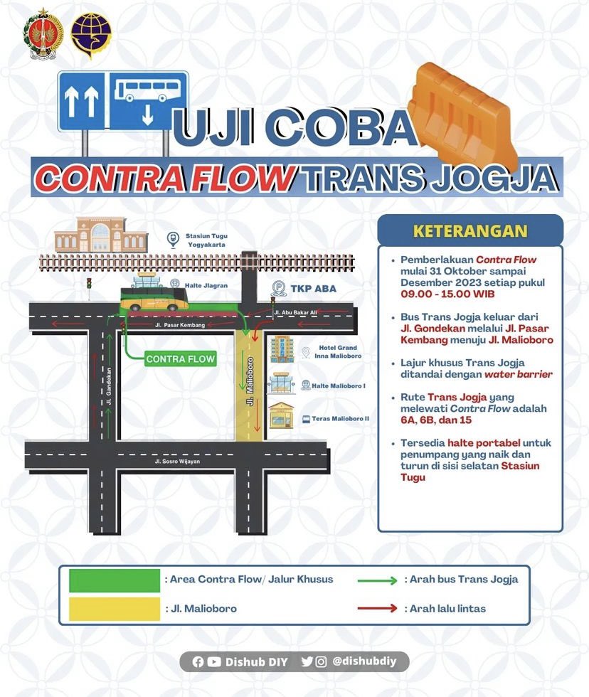 Pada hari Selasa, 30 Oktober 2023. Akan dilakukan uji coba contraflow khusus Trans Jogja di area pintu selatan Stasiun Besar Yogyakarta.

Sc: DISHUB DIY