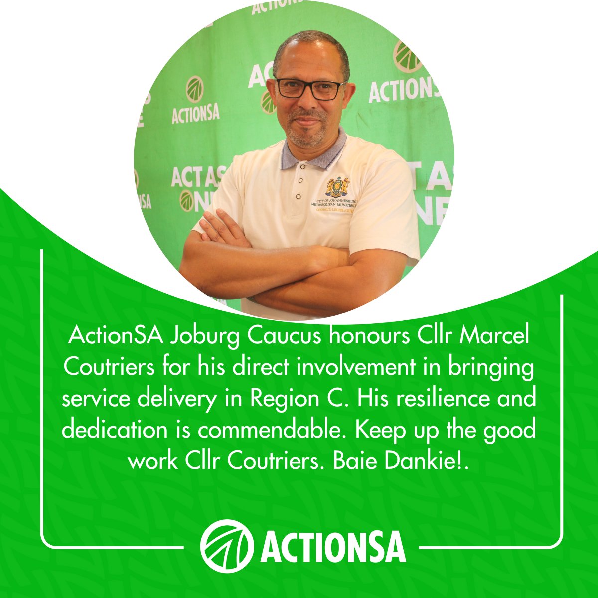 @ActionSA_JHB honours Cllr Marcel Coutriers for his direct involvement in bringing service delivery in Region C.