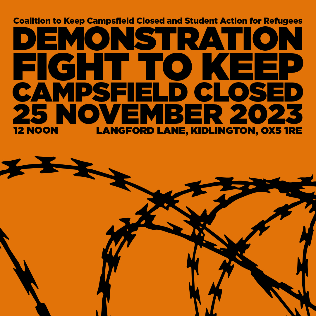 🚨 Demonstration!

Where: Langford Lane, Kidlington
When: Sat 25th Nov, 12PM

📣 Called by @CloseCampsfield & Oxford @STARnational

Join us for the first big demo at the Campsfield site since plans were announced to reopen the refugee prison. 

#KeepCampsfieldClosed #EndDetention