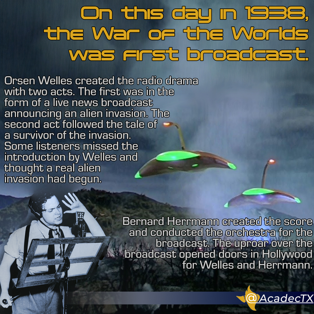 AcadecTx's tweet image. #TheGuide
The &quot;panic&quot; the broadcast caused was exagerrated. Welles boosted the story of people abandoning homes and streaming into churches to add to his reputation. The broadcast and &quot;panic&quot; were responsible for Welles&apos; and Herrmann&apos;s Hollywood careers.