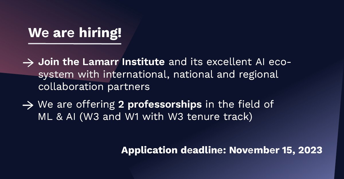 Lamarr Institute (@lamarrinstitute) on Twitter photo Apply now❗️ We are currently looking to fill 2 professorships for #MachineLearning and #ArtificialIntelligence at <a href="/UniBonn/">Rheinische Friedrich-Wilhelms-Universität Bonn</a>, deadline: November 15, 2023.
➡️ W3 professorship uni-bonn.de/de/universitae…
➡️ W1 professorship with tenure track to W3 uni-bonn.de/de/universitae…
#AcademiaJobs Apply now❗️ We are currently looking to fill 2 professorships for #MachineLearning and #ArtificialIntelligence at <a href="/UniBonn/">Rheinische Friedrich-Wilhelms-Universität Bonn</a>, deadline: November 15, 2023.
➡️ W3 professorship uni-bonn.de/de/universitae…
➡️ W1 professorship with tenure track to W3 uni-bonn.de/de/universitae…
#AcademiaJobs
