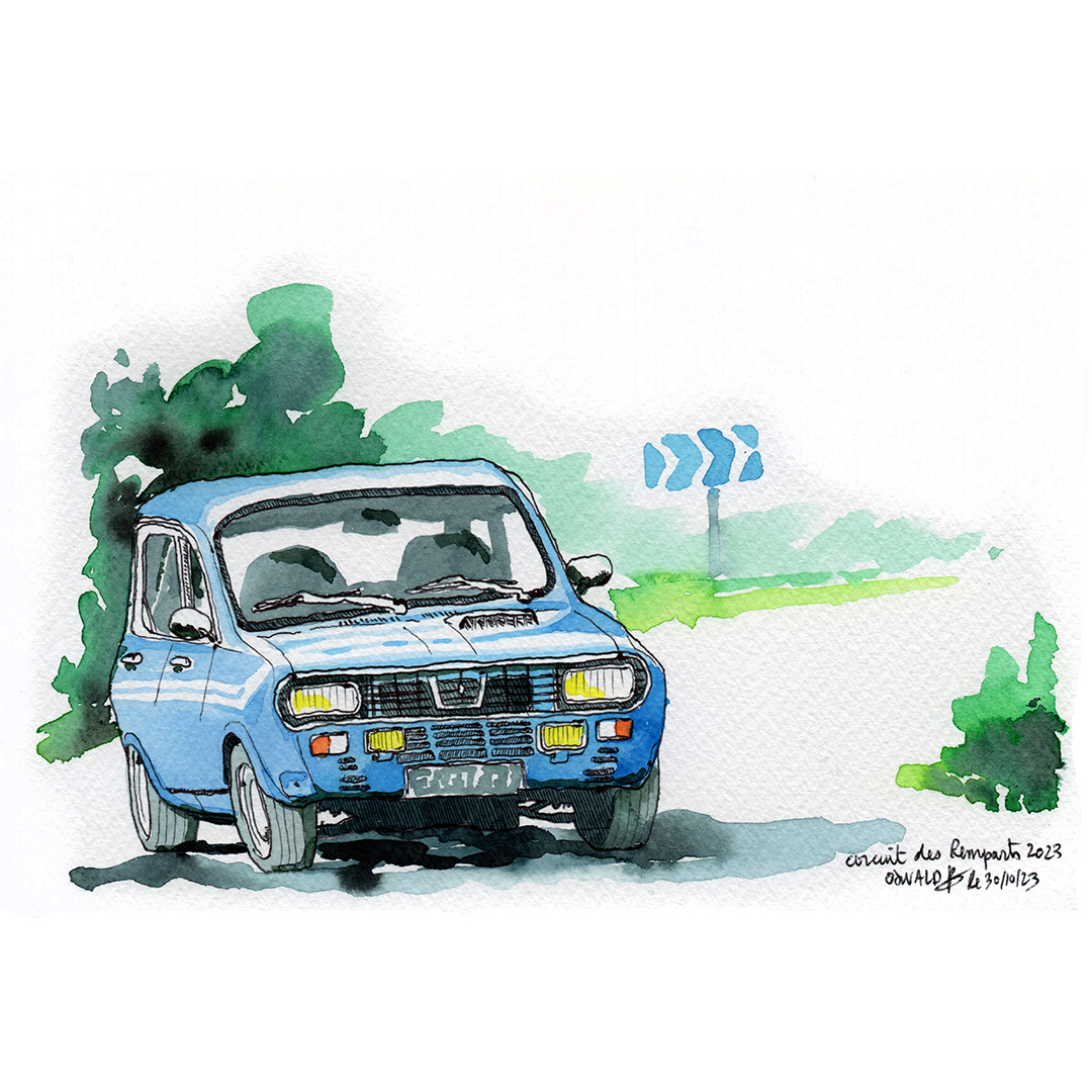 Cycle Circuit Des Remparts d'Angoulême 2023, Une Renault 12 Gordini #renault #renault12 #Renault12Gordini #renaultfans #angouleme #circuitdesremparts #circuitdesremparts2023 #voitureancienne #watercolor #aquarelle #ink #dessindobservation #observation #croquis #instaaquarelle