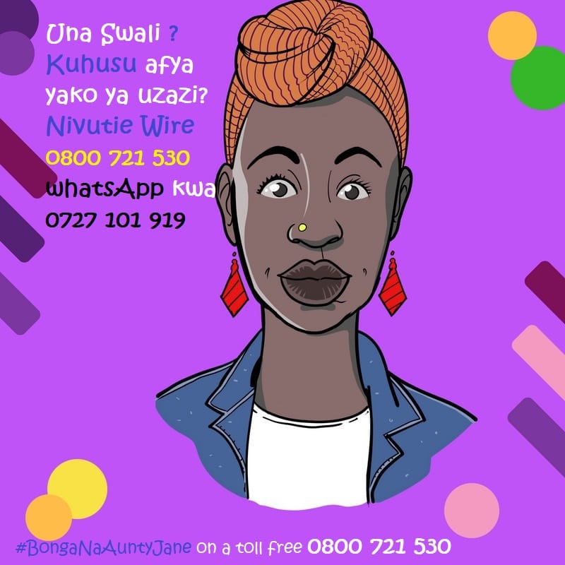 Heyyyy you🥰🥰 ukona any question about your reproductive health? Worry no more @YourAuntyJane got you, just a phonecall away🤗🤗
#BongaNaAuntyJane