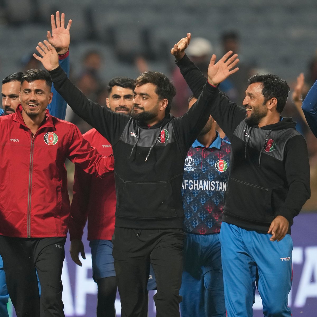 cricinfo's tweet photo. Rashid Khan's 100th ODI was an unforgettable one for Afghanistan 🇦🇫

Going from strength to strength at #CWC23 🙌 https://t.co/Ys4BvYFYEl