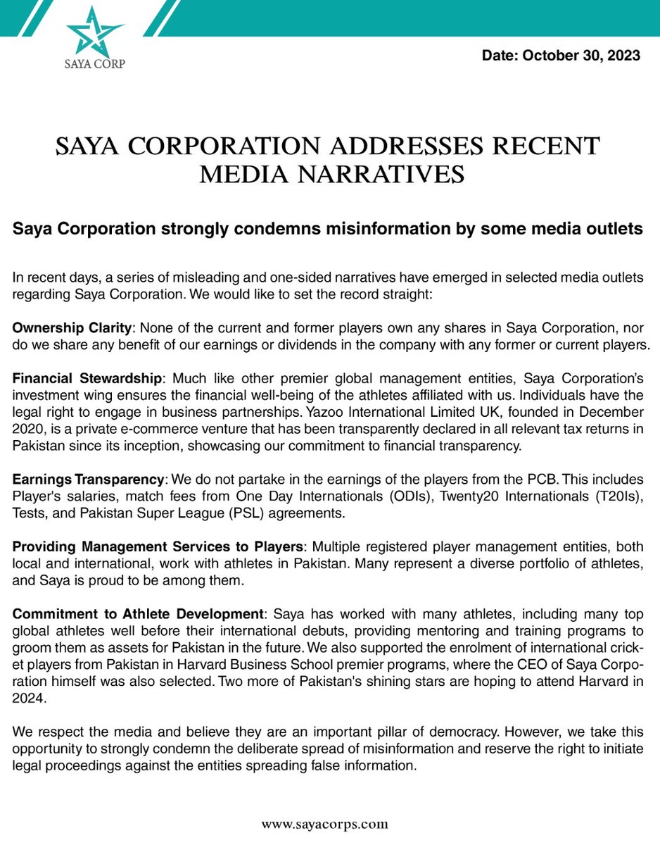 Saya Corporation Press Release - 30 Oct, 2023