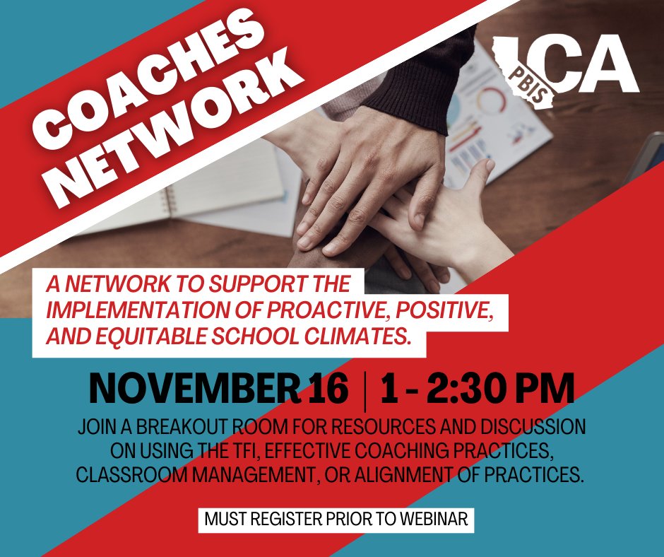 PBIS_CA's tweet image. Join us for a Coaches Network on November 16! Meet with coaches and coordinators from across California in this 90-minute webinar. Participants will be able to join focused breakout rooms to discuss their selected topic and gather resources. Register now: tinyurl.com/NovCoachesNet.