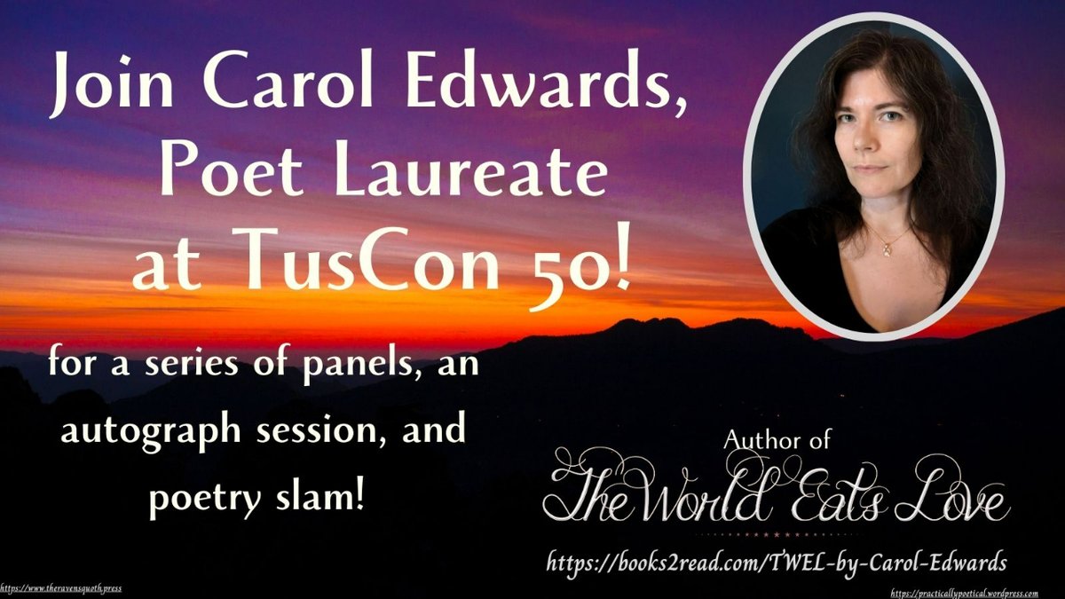 TheRavensQuoth's tweet photo. Join @practicallypoet Poet Laureate, at #TusCon50 for panels, signings & poetry slam
Panels
https://t.co/MFdaP9fqyk
Get her book!
https://t.co/a7g5knWrzx
#TWEL #poetlaureate #poetrycommunity #readingcommunity #poetry #darkpoetry #poetrybook #poetryslam #bookblogger #bookboost https://t.co/8Ogfuni0ek
