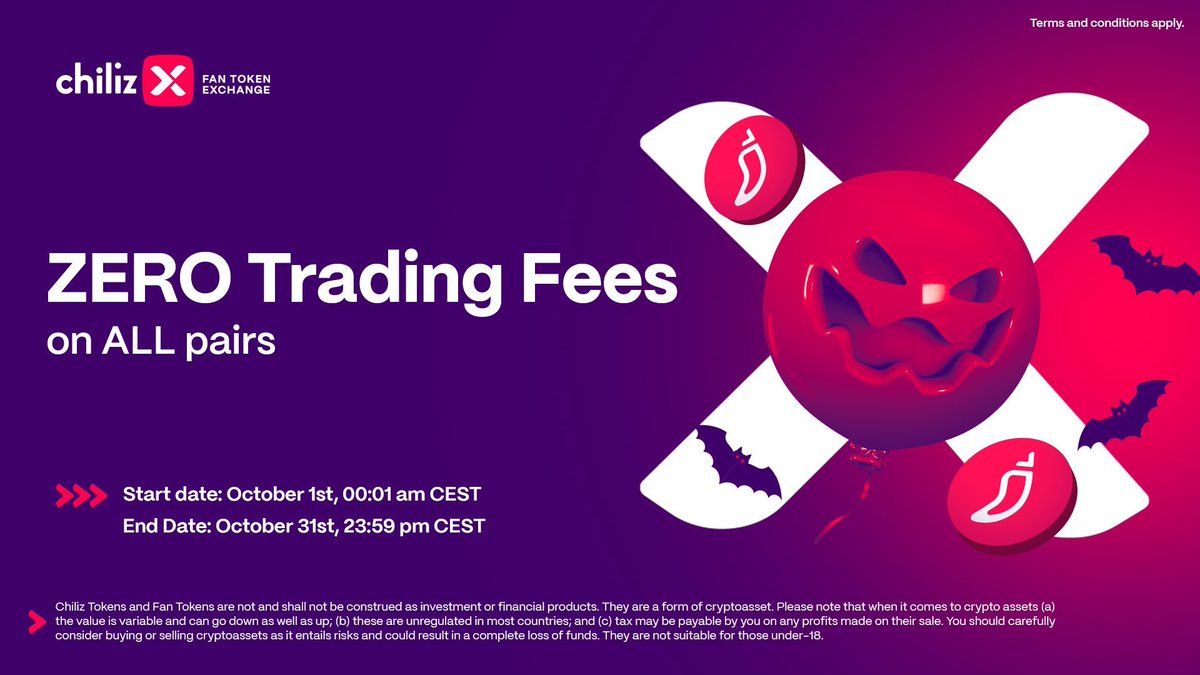 The last 30 hours of ZERO Trading Fees on @ChilizX have started! ⏰ Head over to ChilizX, the Fan Token exchange, to enjoy the last day of fee-free October 👉 ChilizX.com #ChilizX ⚡️ $CHZ