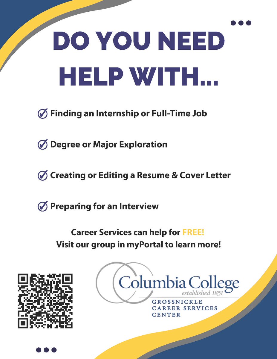 🗣️: Columbia College Students!

The Grossnickle Career Services Center is here for YOU! Get support as you explore your academic interests &amp; possible career paths after graduating from CC.

📰: ow.ly/4H2450Q2fYs

#WeAreCC
