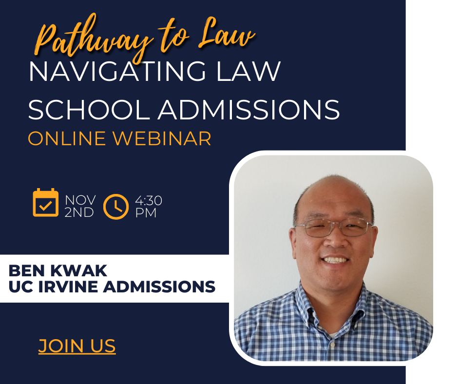 ⚖️Pathway to Law Event⚖️
Navigating Law School Admissions with Ben Kwak from UC Irvine
📆11/2
🕓4:30 pm
 Find out what admissions officers are really looking for and ask your most pressing questions!  
Register here: lparanthaman.wufoo.com/forms/s1a8jfii…