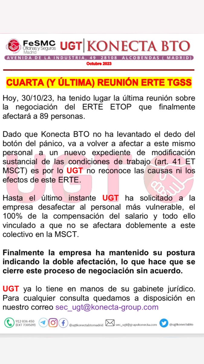 ugtkonectabto's tweet photo. CUARTA (Y ÚLTIMA) REUNIÓN ERTE TGSS
#erte #tgss #msct #konecta https://t.co/A8PwDKRqHF