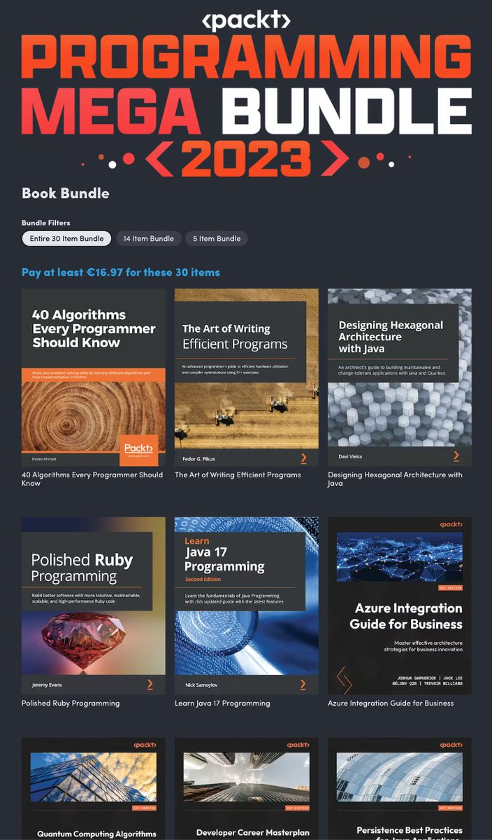 Just for 17 EUR you can get 30 programming ebooks including:

- "Get your hands dirty on Clean Architecture" by <a href="/TomHombergs/">Tom Hombergs</a> 
- "Persistence Best Practices" by <a href="/otaviojava/">Otavio Santana</a> &amp; <a href="/kvarel4/">Karina Varela</a> 
- "Transitioning to Java" by <a href="/omniprof/">Ken Fogel</a>

humblebundle.com/books/programm…