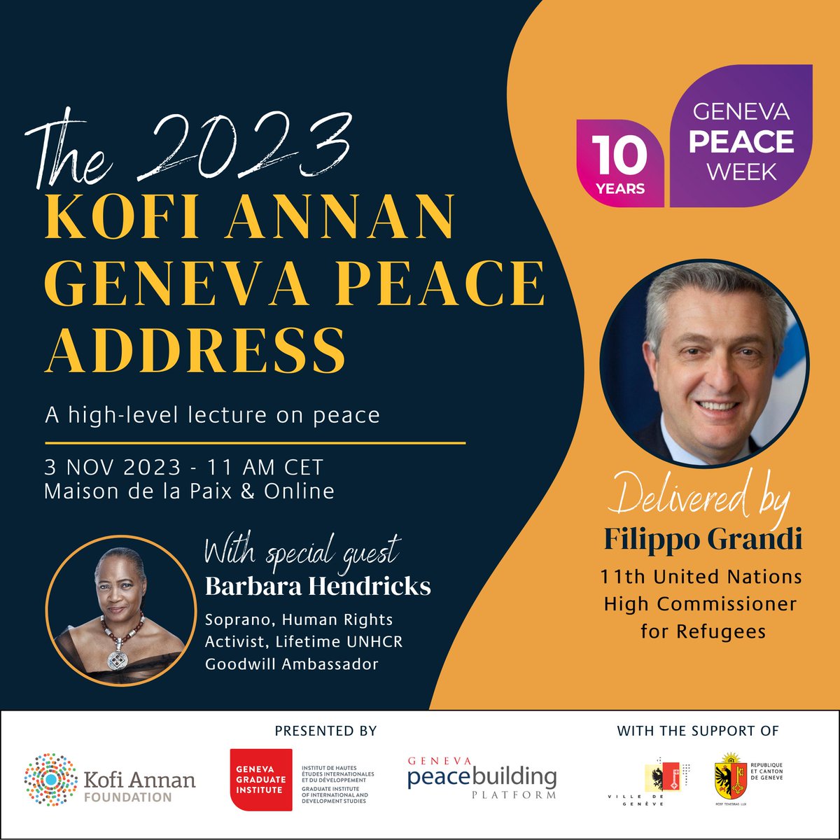 Now, more than ever, we need to talk about #peace.
Save the date for the 2023 Kofi Annan Geneva Peace Address. 
Date: 3 November, 2023
Time: 11 am - 12:30 pm CET
Register here by 29 October: bit.ly/KAGPA2023