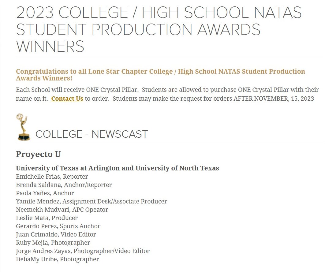 Julian Rodriguez (@jrodmedia) on Twitter photo And the Student Emmy goes to...
I would like to thank <a href="/Univision23DFW/">Noticias23DFW</a> for supporting <a href="/utacomm/">UTA Dept. of Comm.</a> <a href="/utarlington/">The University of Texas at Arlington</a> <a href="/ASNenEspanol/">Arlington Sentinel News en Español</a> and UNT broadcast journalism students. This is the third time Proyecto U has been awarded this extraordinary recognition.
lonestaremmy.org/foundation/stu… And the Student Emmy goes to...
I would like to thank <a href="/Univision23DFW/">Noticias23DFW</a> for supporting <a href="/utacomm/">UTA Dept. of Comm.</a> <a href="/utarlington/">The University of Texas at Arlington</a> <a href="/ASNenEspanol/">Arlington Sentinel News en Español</a> and UNT broadcast journalism students. This is the third time Proyecto U has been awarded this extraordinary recognition.
lonestaremmy.org/foundation/stu…