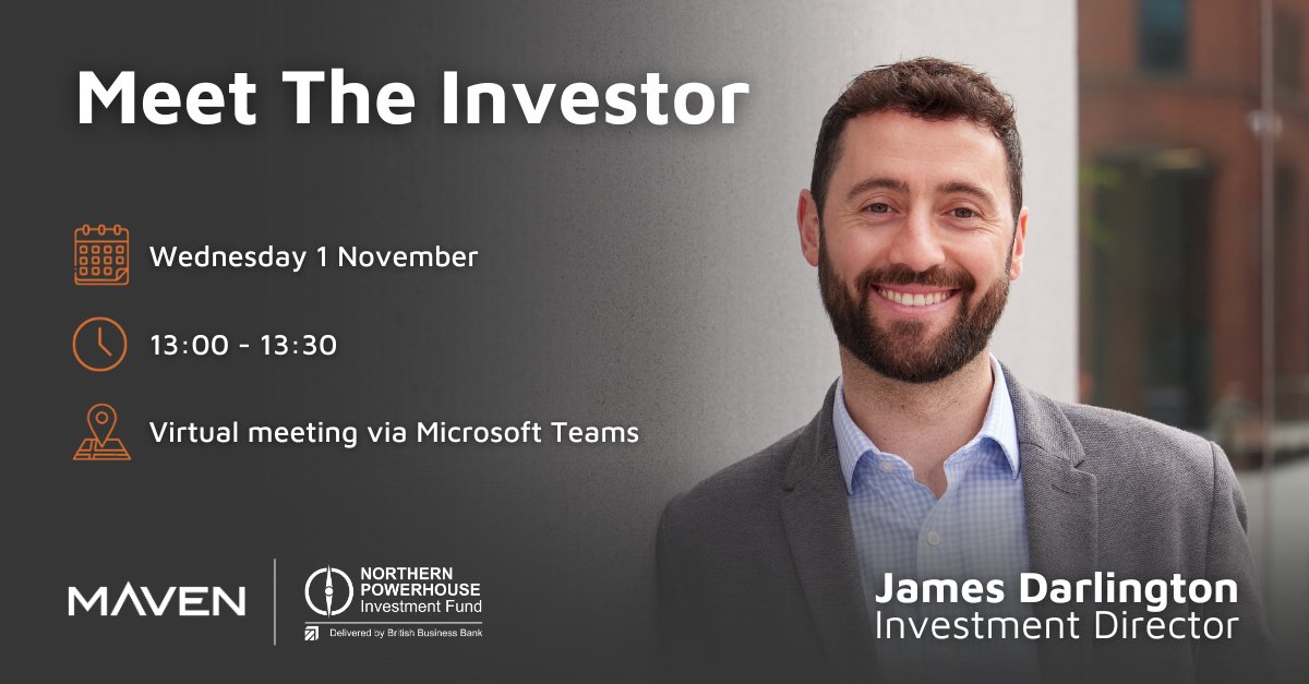 Are you a growing business in #GreaterManchester? Book a 1-2-1 with Investment Director, James Darlington, to discuss your funding needs here 👇

mavencp.com/meet-the-inves… 

#NPIF | #entrepreneurs