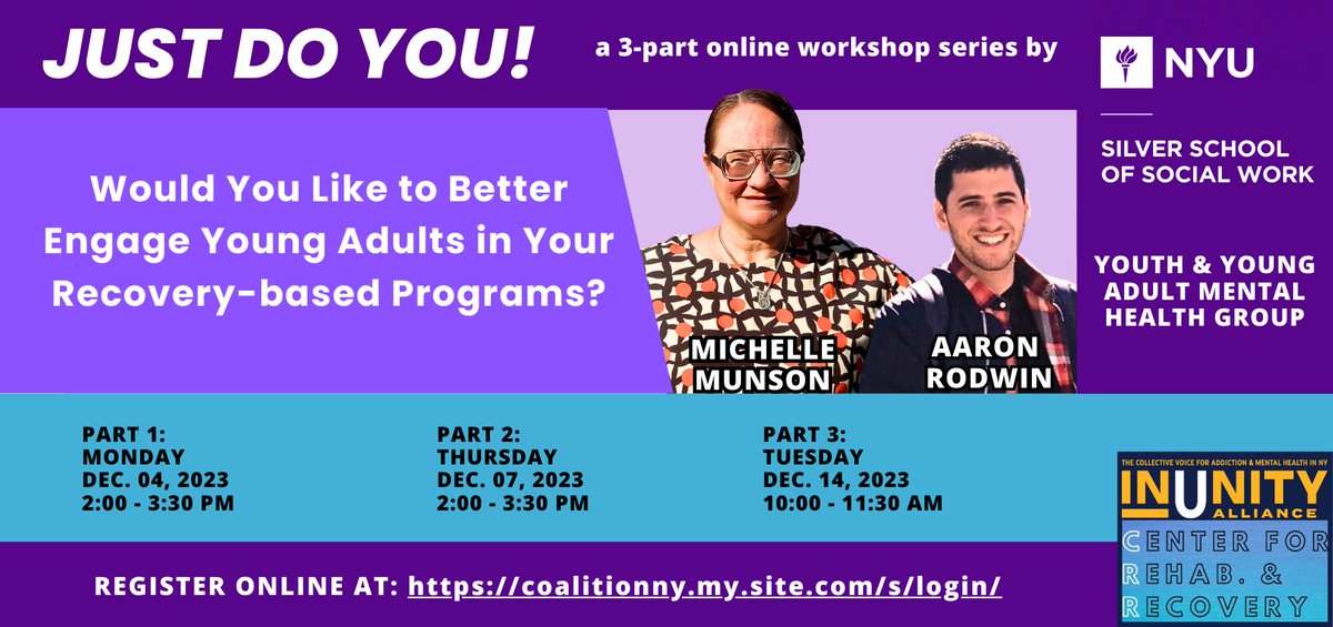 NYU Silver (@nyusilver) on Twitter photo Want to better engage #YoungAdults in your recovery-based programs? Prof @MMunsonPhD & PhD candidate <a href="/AaronRodwin/">Aaron Rodwin</a> are leading an online training on implementing our Youth & Young Adult #MentalHealth Group’s evidence-supported "Just Do You" intervention: coalitionny.my.site.com/s/login/ Want to better engage #YoungAdults in your recovery-based programs? Prof @MMunsonPhD & PhD candidate <a href="/AaronRodwin/">Aaron Rodwin</a> are leading an online training on implementing our Youth & Young Adult #MentalHealth Group’s evidence-supported "Just Do You" intervention: coalitionny.my.site.com/s/login/
