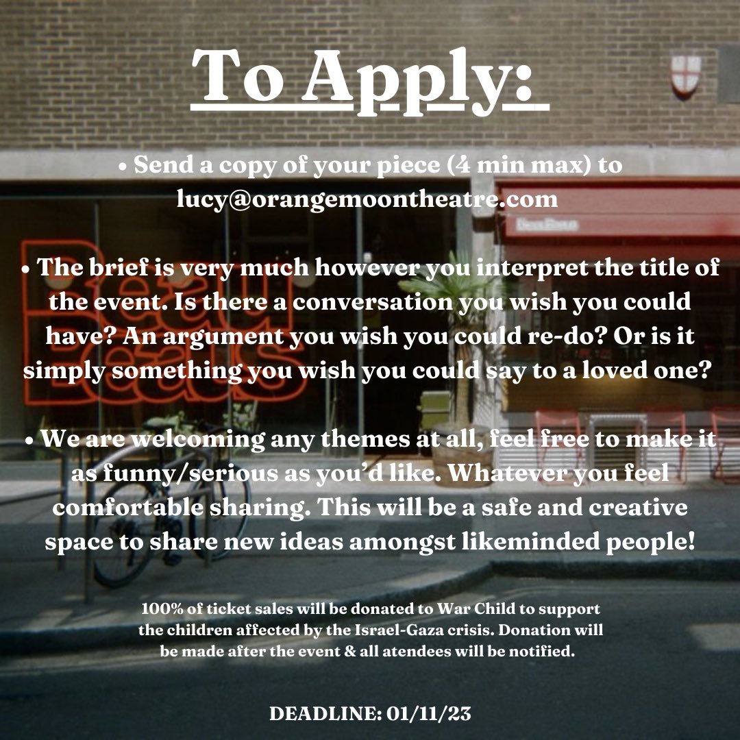 We are hosting ‘𝑾𝒐𝒓𝒅𝒔 𝑰 𝑾𝒊𝒔𝒉 𝑰 𝑯𝒂𝒅 𝑺𝒂𝒊𝒅’, a poetry/spoken word evening at BeauBeaus cafe in Aldgate (19/11/23) 100% of ticket sales will be donated to <a href="/WarChildUK/">War Child UK</a> to help the children affected by the Israel-Gaza crisis. Application info below: