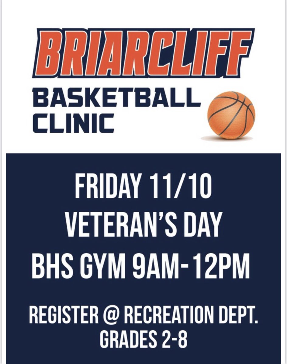 Come have fun and work on your game at our Veterans Day Clinic! 
Registration is open on the link below.. 
secure.rec1.com/NY/briarcliff-…

<a href="/cdrops3/">Christos Drosopoulos</a> <a href="/Bcliff_6th_man/">Briarcliff Bears</a>