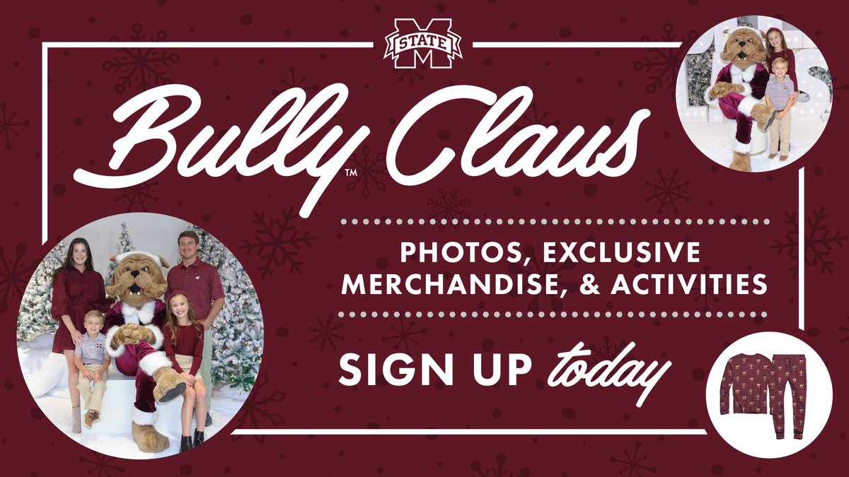Mississippi State Alumni (@msstatealumni) on Twitter photo Bully Claus will be making his first appearance during Homecoming Weekend! 🐶🎅
Book your spot today to join <a href="/HailStateSpirit/">Mississippi State Spirit Squads</a> in Downtown Starkville starting Friday, Nov. 3 for family photos, kid-friendly activities and more.
🔗 hailstate.com/bullyclaus Bully Claus will be making his first appearance during Homecoming Weekend! 🐶🎅
Book your spot today to join <a href="/HailStateSpirit/">Mississippi State Spirit Squads</a> in Downtown Starkville starting Friday, Nov. 3 for family photos, kid-friendly activities and more.
🔗 hailstate.com/bullyclaus