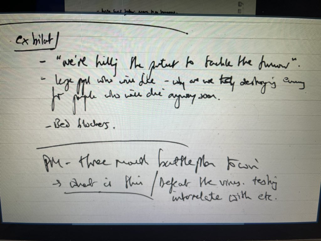 nickeardleybbc's tweet photo. Note from meeting between Boris Johnson and Rishi Sunak in March 2020

“We are killing the patient to tackle the tumour”

Next line: Why are we destroying the economy for people who are going to die anyway? 

 https://t.co/eJ5ttQJFWx https://t.co/VGax1GUjxd
