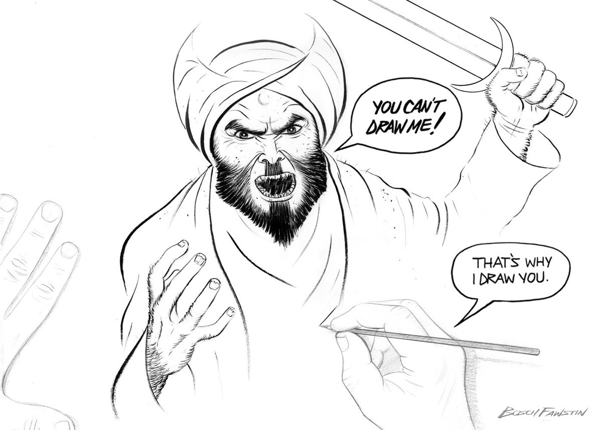 TheBoschFawstin's tweet image. Why I Draw Mohammad

I’ve drawn all of my life, but I never drew Muhammad, even though I was raised Muslim and was told he was a great man. And then, in 2005, Muslims threatened Danish cartoonists with death for drawing Muhammad. Like 9/11/01, the event was a flashpoint in my…