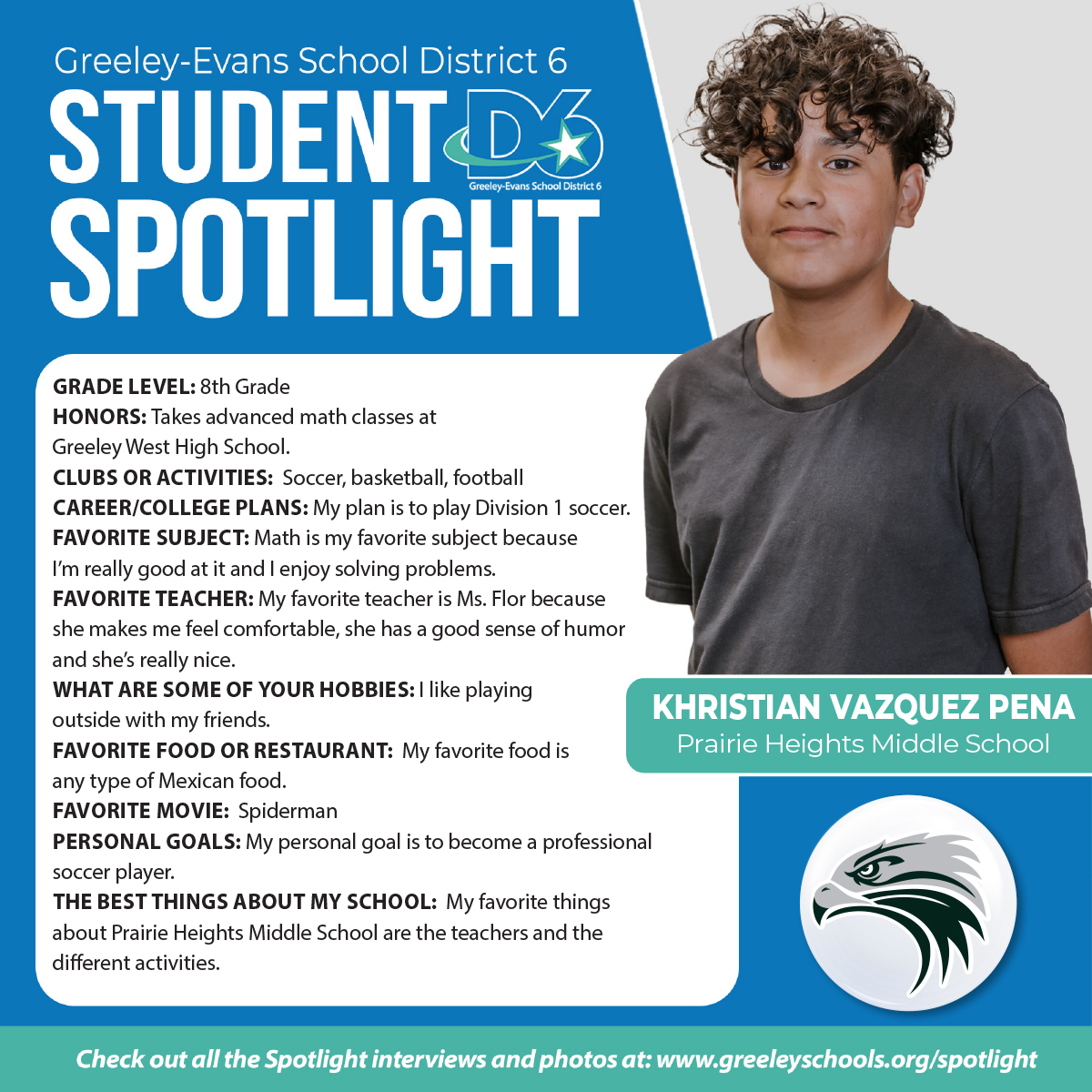 greeleyschools's tweet photo. Since day one at PHMS, Khristian has always been a high-performing, conscientious student who also has the ability to relate to &amp; interact positively with both peers &amp; adults. He is a shining example of what a great student looks like..."
https://t.co/XG4UaTDh5T
#WeAreDistrict6 https://t.co/A8R2ScHbC1