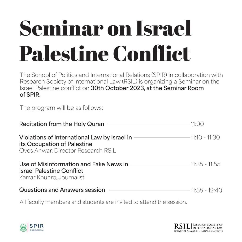 mahamughal_mja's tweet photo. Attended seminar on understanding  #israelpalestineconflict at #SPIRqau  Learned from @ovesanwar @rsilpak about violations, propaganda, and the need for research. Wrote my understandings as caption on Instagram/fb profile #qau  #StopGazaGenocide #FreePalestine #WarCrimesbyIsreal https://t.co/VkOjdmUwfQ