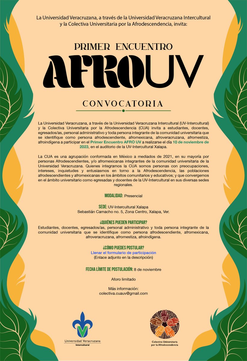 🔵🟢 Primer Encuentro AFRO UV 🟢🔵 Link de registro: docs.google.com/forms/d/e/1FAI… Fecha límite de registro: 8 de noviembre