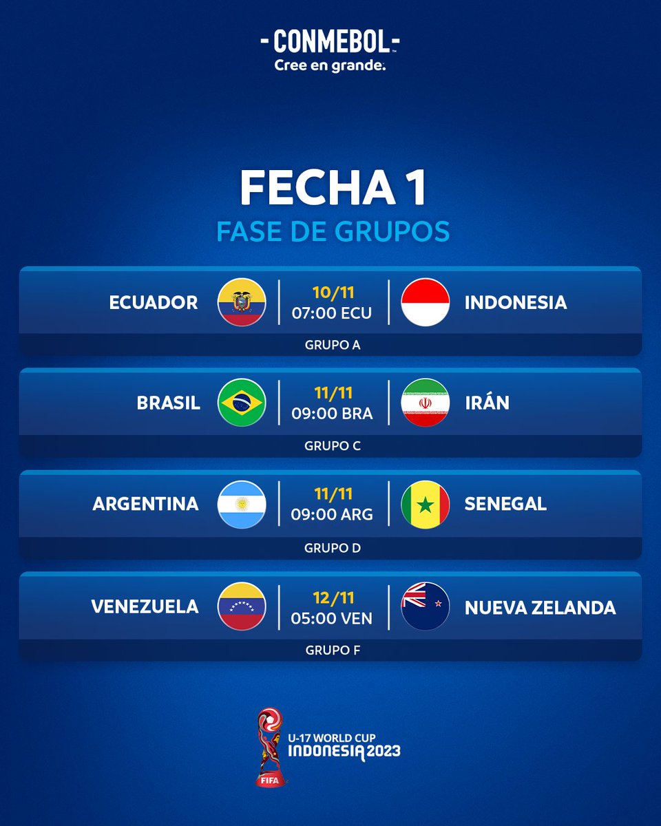 CONMEBOL.com on X: ¡Agéndalo! Los partidos de este domingo en la CONMEBOL  #Sub17FS 2022. 📆 Agende-se! Os jogos deste domingo na CONMEBOL #Sub17FS  2022. ⏳ #CreeEnGrande #AcrediteSempre  / X