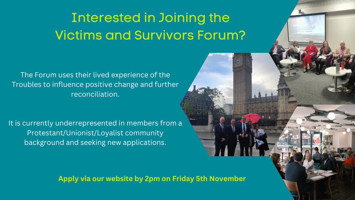 🗓️Deadline for applications to the Victims and Survivors Forum is this Friday 5th November @ 2pm.

If you or anyone you know would be interested in a role on the Forum, please share this post and/or apply on our website. 🔗: bit.ly/46zMlWA
