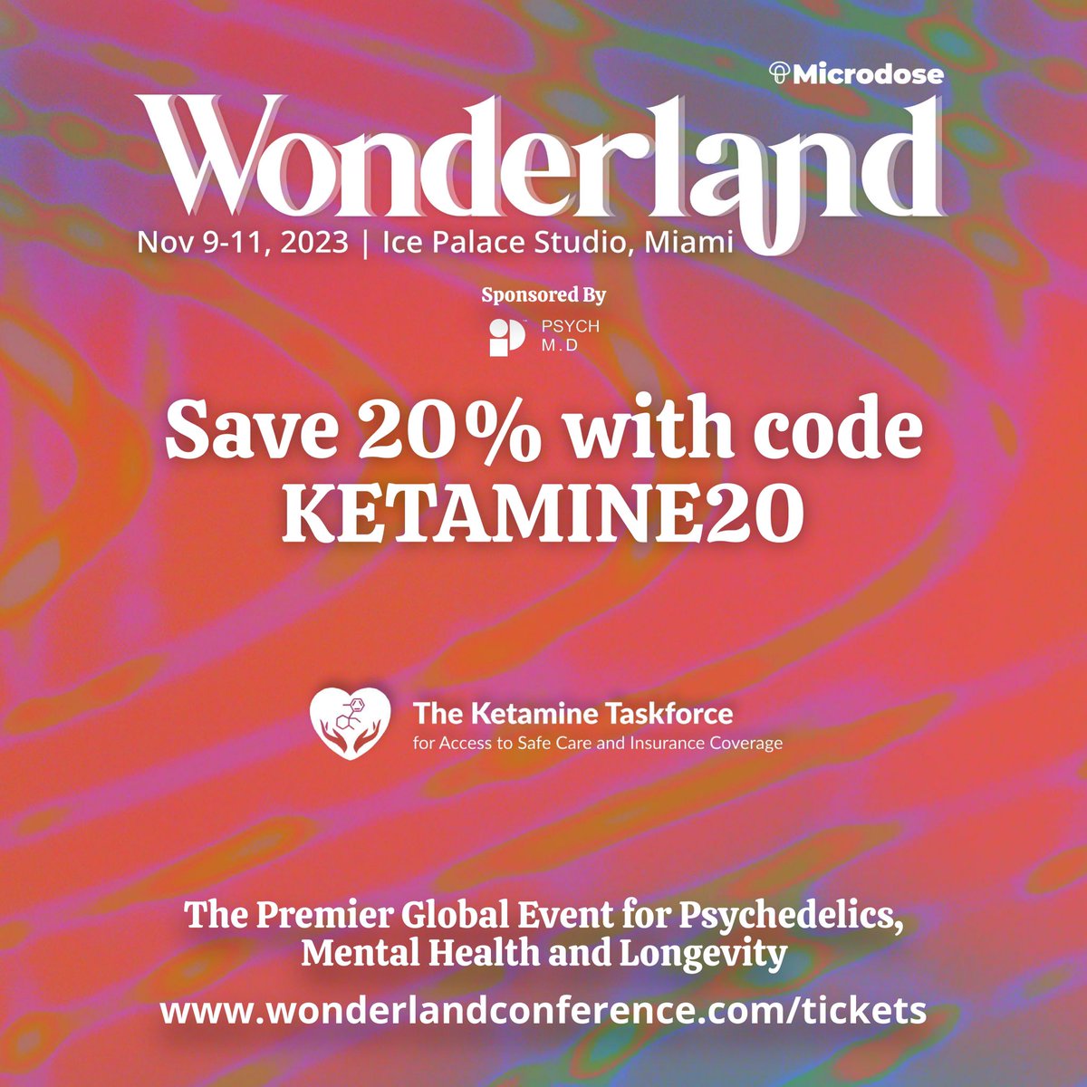 KetamineTaskfor's tweet image. Learn about the future of wellness with the brightest minds in the world from Nov 9-11 in Miami. 
You'll find us at the event, and if you're interested in taking the journey you can save 20% with code KETAMINE20 at checkout, or clicking this link: bit.ly/3SgpOcV