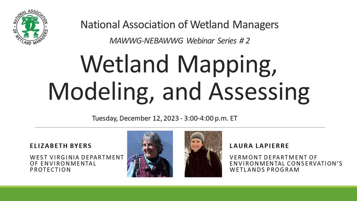 NAWMCommunicate's tweet image. New Webinar -2023 MAWWG-NEBAWWG Webinar Series #2: Wetland Mapping, Modeling, and Assessing

Tue. 12/12/23, 3:00-4:00 p.m. ET

This is part 2 of a three-part webinar series highlighting EPA Wetland Program Development Grant grantees in regions 1-3.

FMI -nawm.org/nawm/nawm-cate…