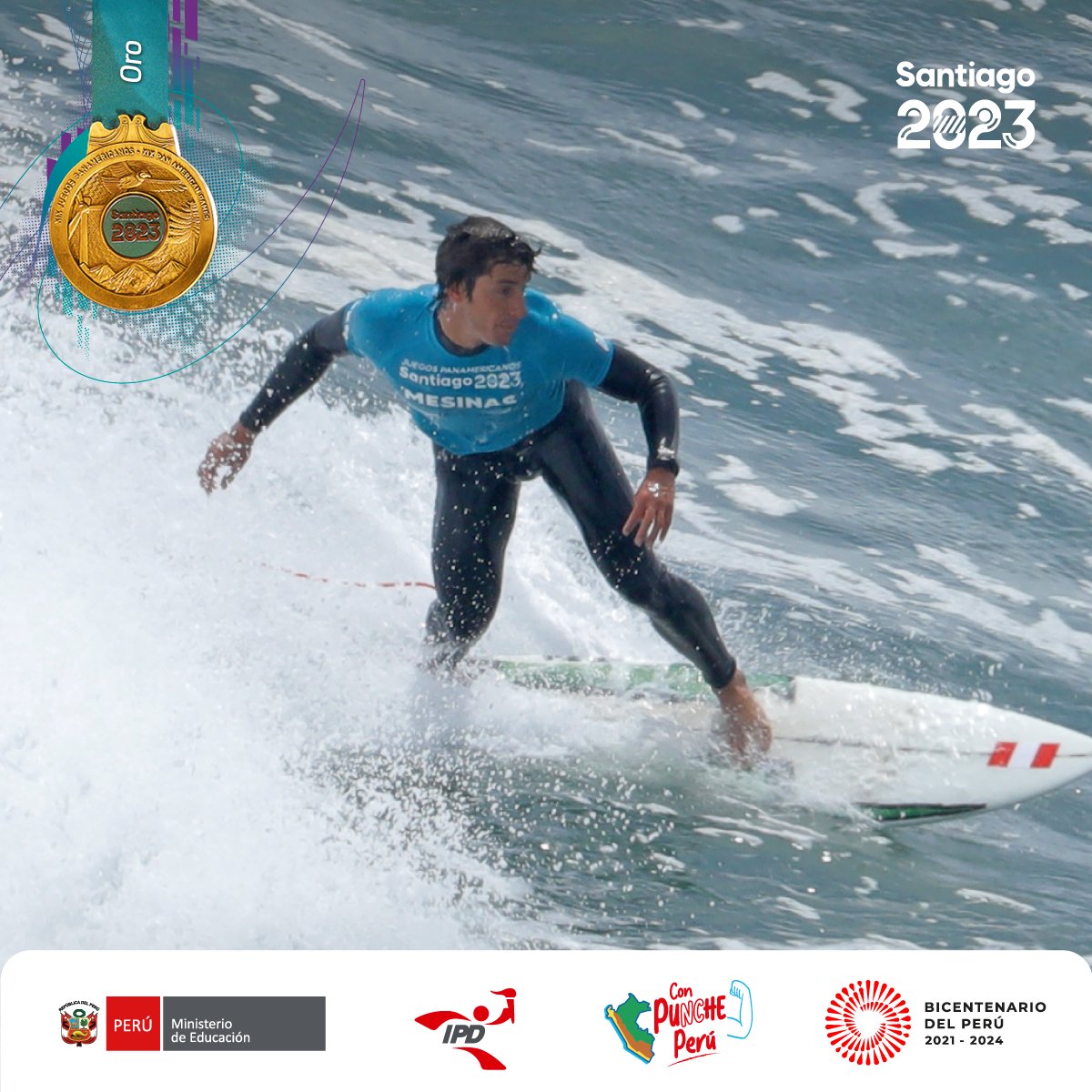 ipdperu's tweet photo. 👑🇵🇪 ¡Lucca Mesinas consigue el tercer oro del surf peruano en Santiago 2023! Jornada espectacular que completa nuestro representante nacional para quedarse con la presea dorada en tabla corta en los XIX Juegos Panamericanos Santiago. https://t.co/467Dng6MlF
