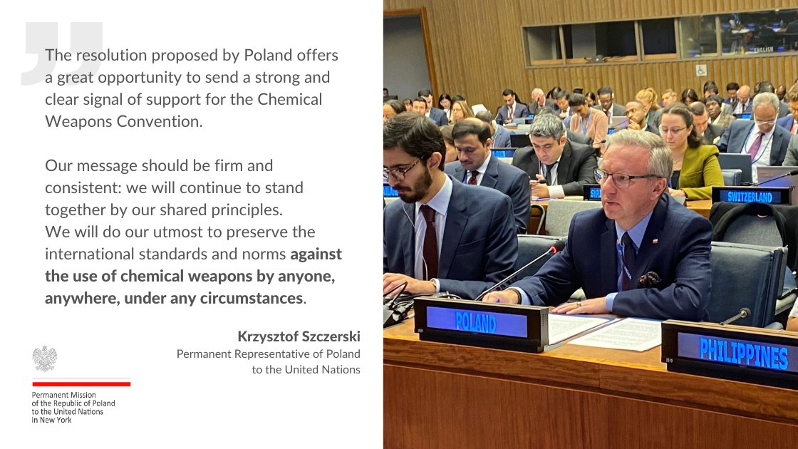 Resolution on the implementation of the Chemical Weapons Convention adopted in #1C! 🇵🇱 is proud to continue to be its sole sponsor. We thank all the states for their overwhelming approval. Today we send a clear message to free the world of the menace of chemical weapons.⚠️☣️