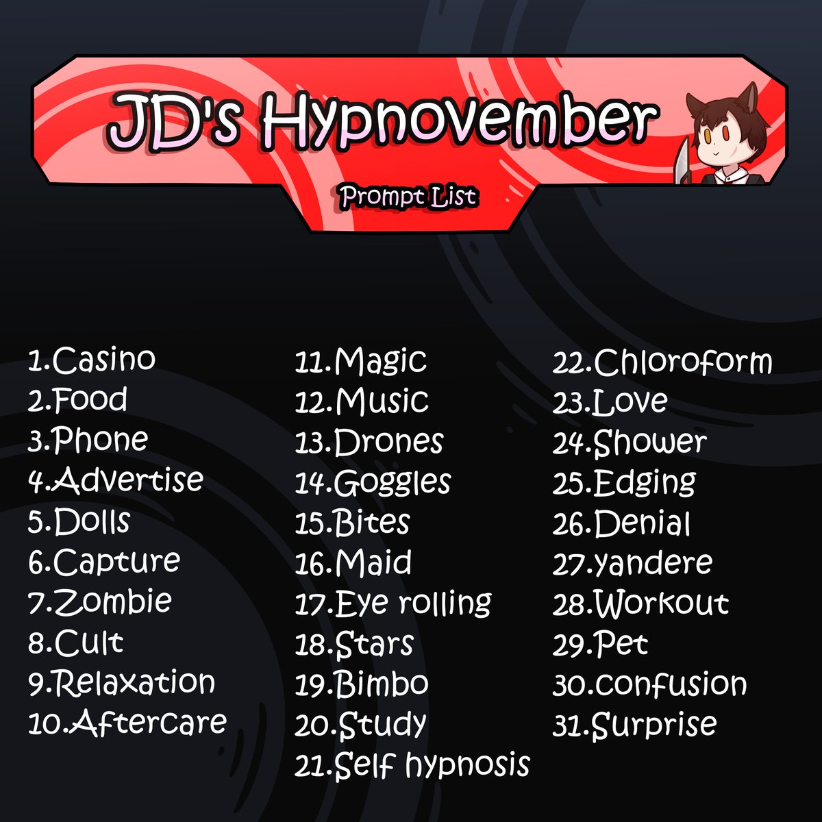 JDthefallen's tweet photo. Hypnovember's coming up! Now you might be wondering what I'm gonna be doing for it, so I'll show you!

1 file, every day, with a surprise at the end!
I hope you are all as excited as I am~! 

And of course, you must rexognize the BEAUTIFUL art made by @Brushie_Art 
Go love him :3 https://t.co/7YVDXtEMKC