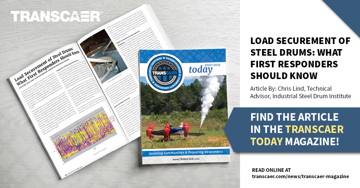 TRANSCAER's tweet image. An often-overlooked regulatory requirement when transporting #hazardousmaterials is their proper securement. In TRANSCAER today magazine, we provide valuable insights for #firstresponders on the correct protocols and procedures for securing #steeldrums: okt.to/B3bv0f