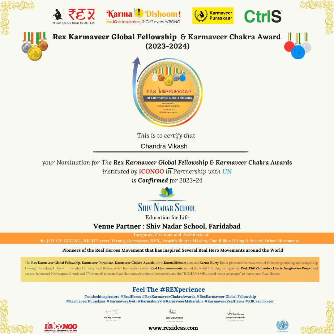 GSansad's tweet photo. Happy to share my confirmation certificate for the REX Karmaveer Chakra Award instituted by #iCONGO in Partnership with the #UnitedNations https://t.co/IMpYuXjwwN