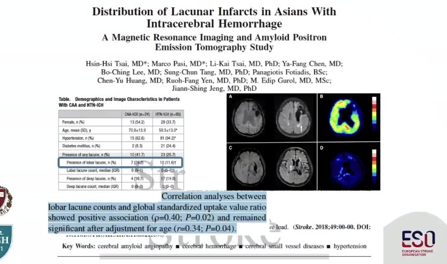 @ESOstroke
Edip Gulor: 
Neuroimaging in small vessels disease:

2 Main ethnologies for #small vessels disease #SVD: 
- hypertensive deep ICH : microbleeds, use SWI of MRI for diagnostics
- probable CAA
- deep lacunas : #diabetes and #hypertension