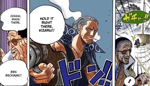 pr_luffy's tweet photo. So you’re telling me, that Ben, who took Kids arm (even tho he deals GUNS) and by just pointing at kizaru he was able to stop him..is weaker than aokiji? Ass opinion tbh💀 Beckman on top https://t.co/xLVVK55Tok