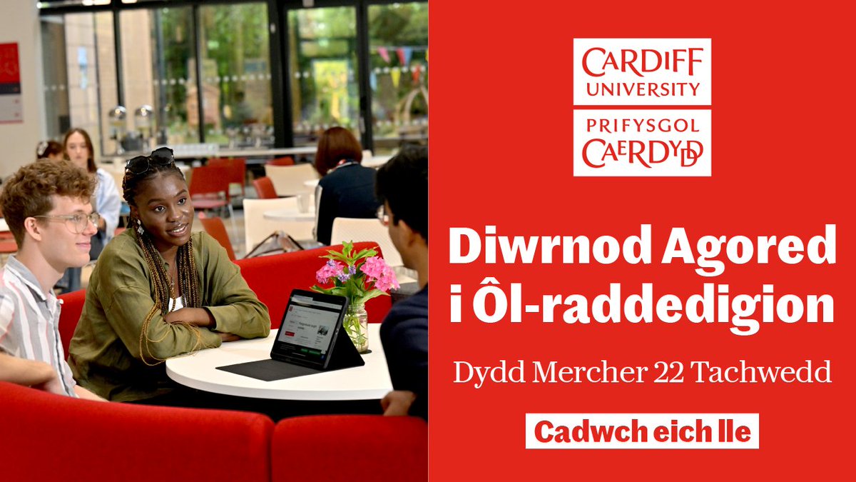 Diwrnod Agored i Ôl-raddedigion
 22 Tachwedd
10am - 2pm

· Cwrdd â'n hacademyddion
· Dewch i wybod rhagor am yr opsiynau o ran ysgoloriaethau ac ariannu eich hun
· Dewch i fynnu sgwrs â'n myfyrwyr a mwynhau diod boeth yn rhad ac am ddim 

Cadwch eich lle: cardiff.ac.uk/cy/study/open-…