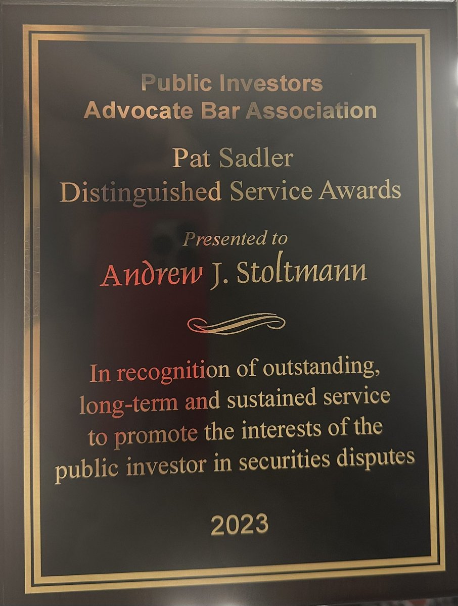 Stoltmann1971's tweet photo. Wrapped up another #PIABA conference this past week. What an awesome surprise to receive PIABA’s lifetime distinguished service award for advocating for defrauded investors. I like to say it’s not the number of servants you have but the number of people you serve that truly matters in life. #SecuritiesFraud