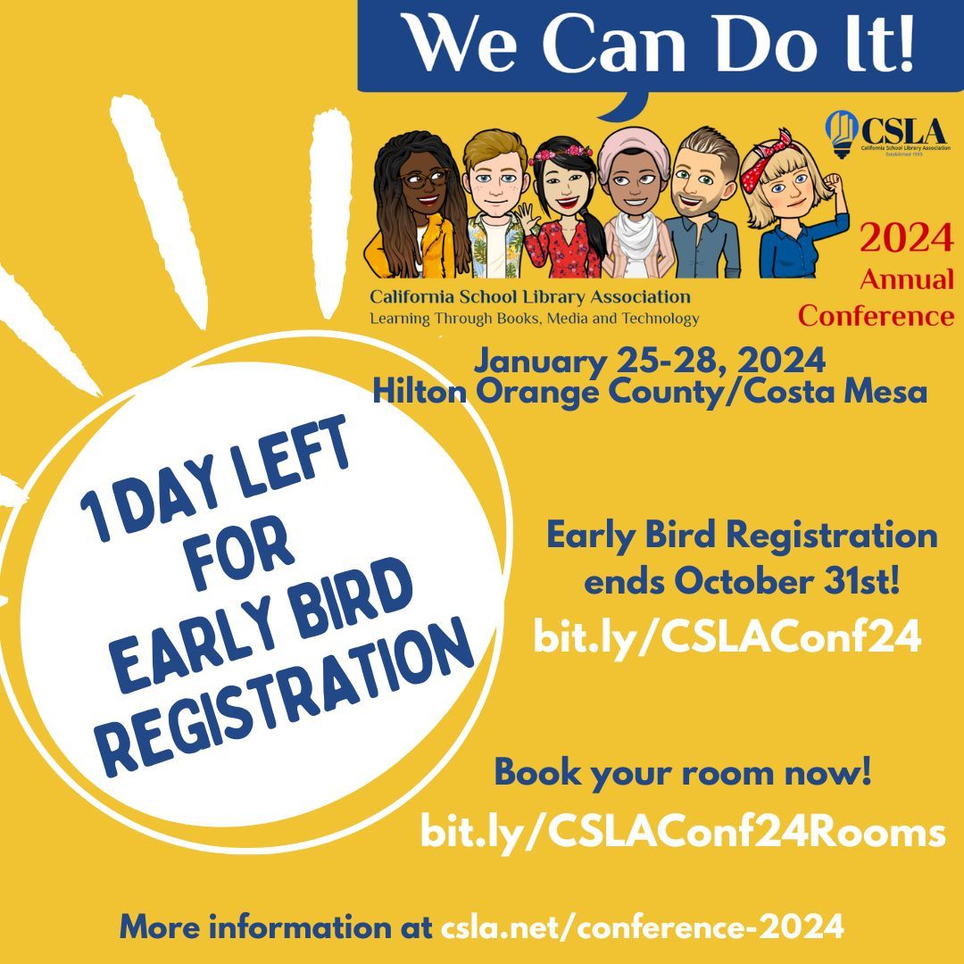 Early Bird Registration ends on October 31st! Register today for the best value! buff.ly/46S2rKN #4csla #BetterTogether #Conference #ProfDev #SchoolLibraries #CaliforniaLibraries #schoollibrariesmatter #futurereadylibs