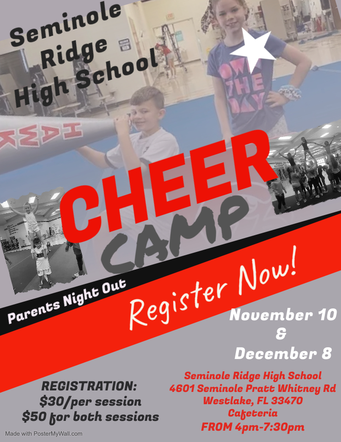 Our Hawk Cheerleaders are hosting a Kids Cheer Camp/Parents Night Out on November 10 and December 8. Please complete the form in the link and send in payment to register your child. 
drive.google.com/file/d/1Cn9DFN…