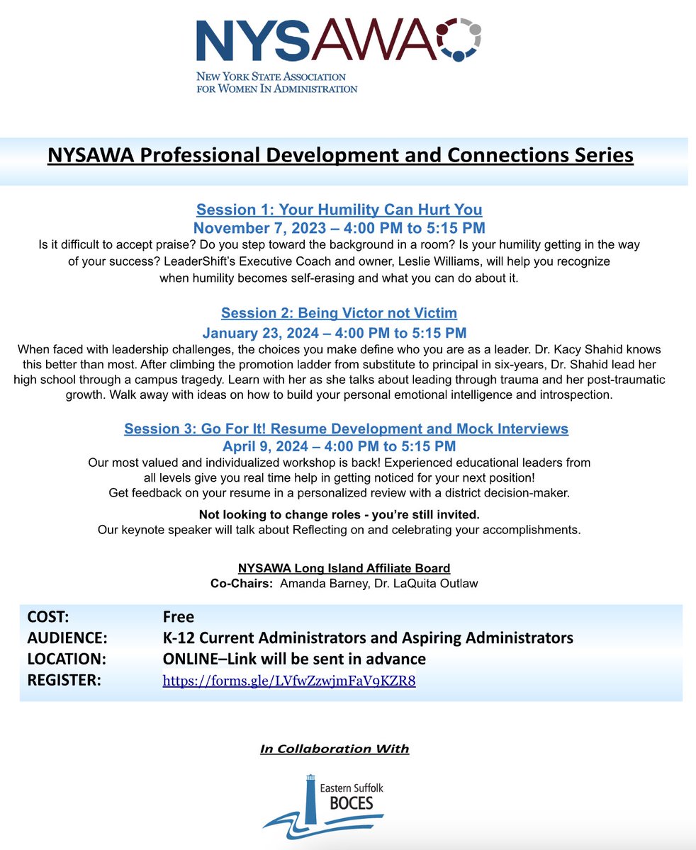 I’m excited to be a part of the planning committee for the New York State Association for Women in Administration and hope you’ll consider either joining or attending the workshops. Join: nysawa.org/membership/?mi… Attend: docs.google.com/forms/d/e/1FAI…