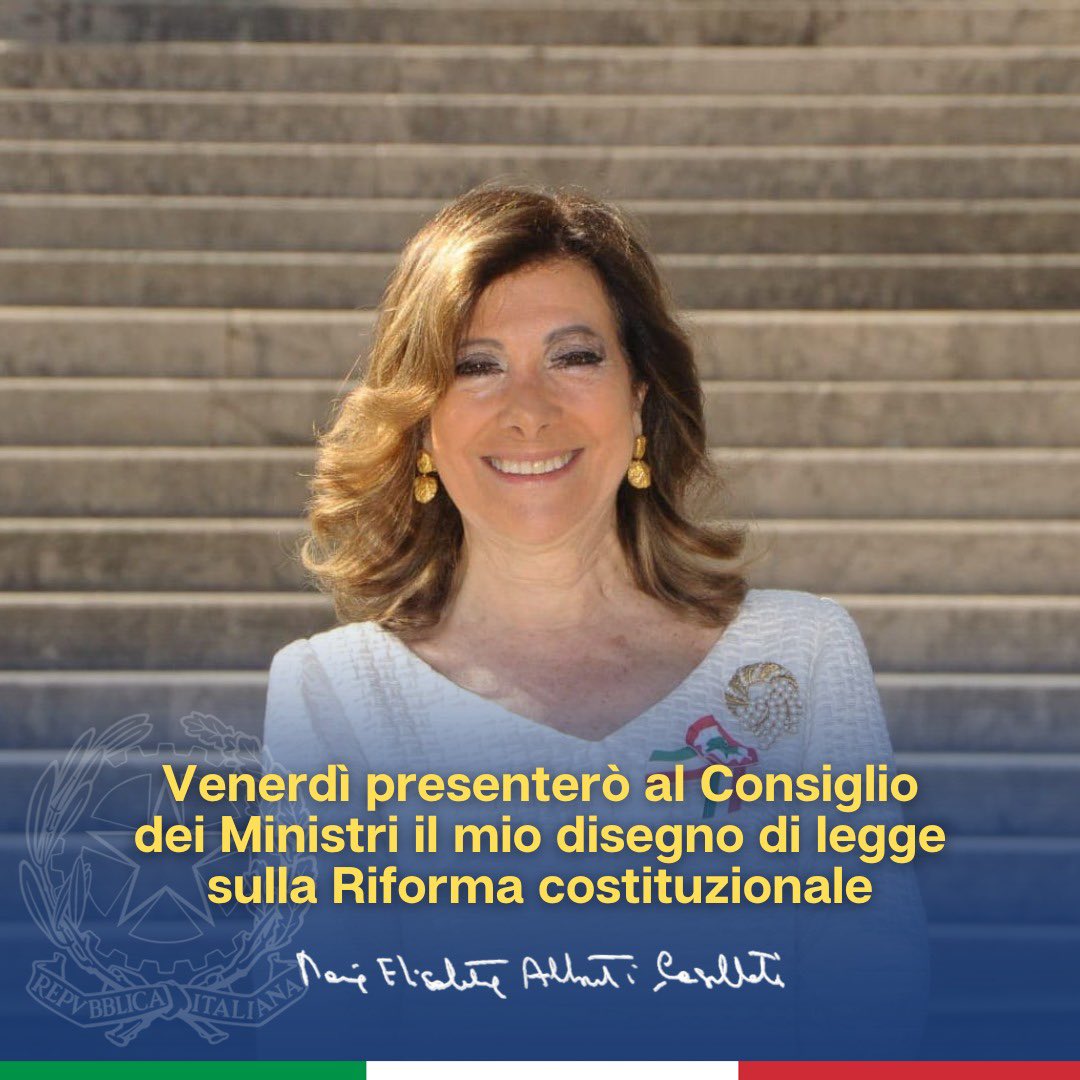 Min_Casellati's tweet photo. Oggi a Palazzo Chigi la maggioranza ha dato il via libera alla presentazione del mio disegno di legge sulla riforma costituzionale nel Consiglio dei Ministri di venerdì 3 novembre. Ancora una volta il centrodestra si conferma compatto. Abbiamo fatto un grande passo avanti verso la “riforma delle riforme”, che darà stabilità al Paese e restituirà centralità al voto dei cittadini con l’elezione diretta del premier 🇮🇹.