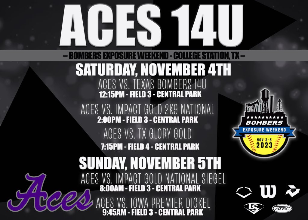 Looking forward to competing this weekend! ▪️Aces 18U 🚐➡️ Dalton, GA - Scenic City Top 25 ▪️Aces 16U 🚐➡️ College Station, TX - Bombers Showcase ▪️Aces 16U Black ➡️ Kansas City, MO - PG Fall Showcase ▪️Aces 14U Black 🚐➡️ College Station, TX - Bombers Showcase