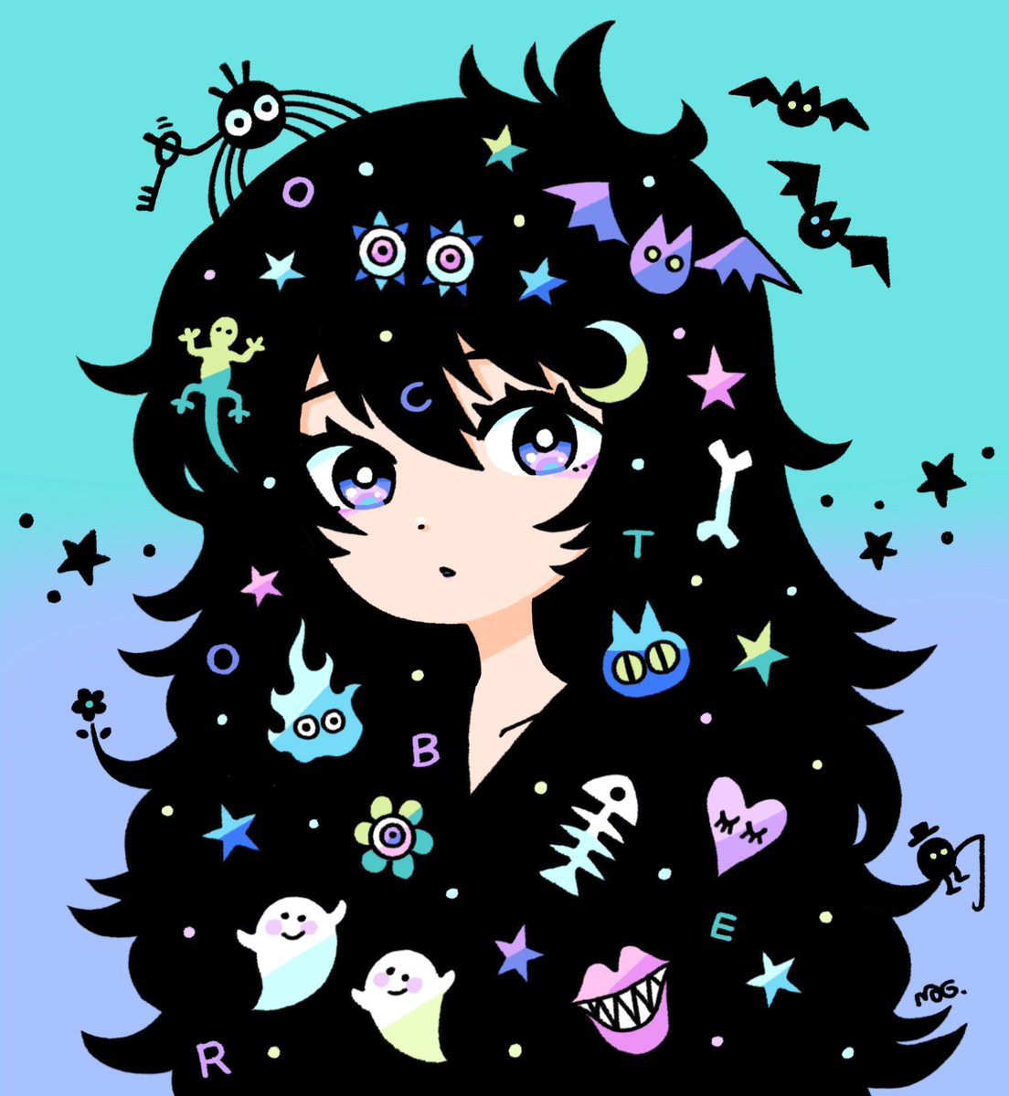 1girl black hair long hair solo ghost upper body hair ornament  illustration images